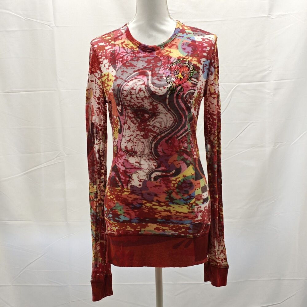 American Twist Womens L Red Rhinestone Heart Graphic Long Sleeve Sheer Artsy Top